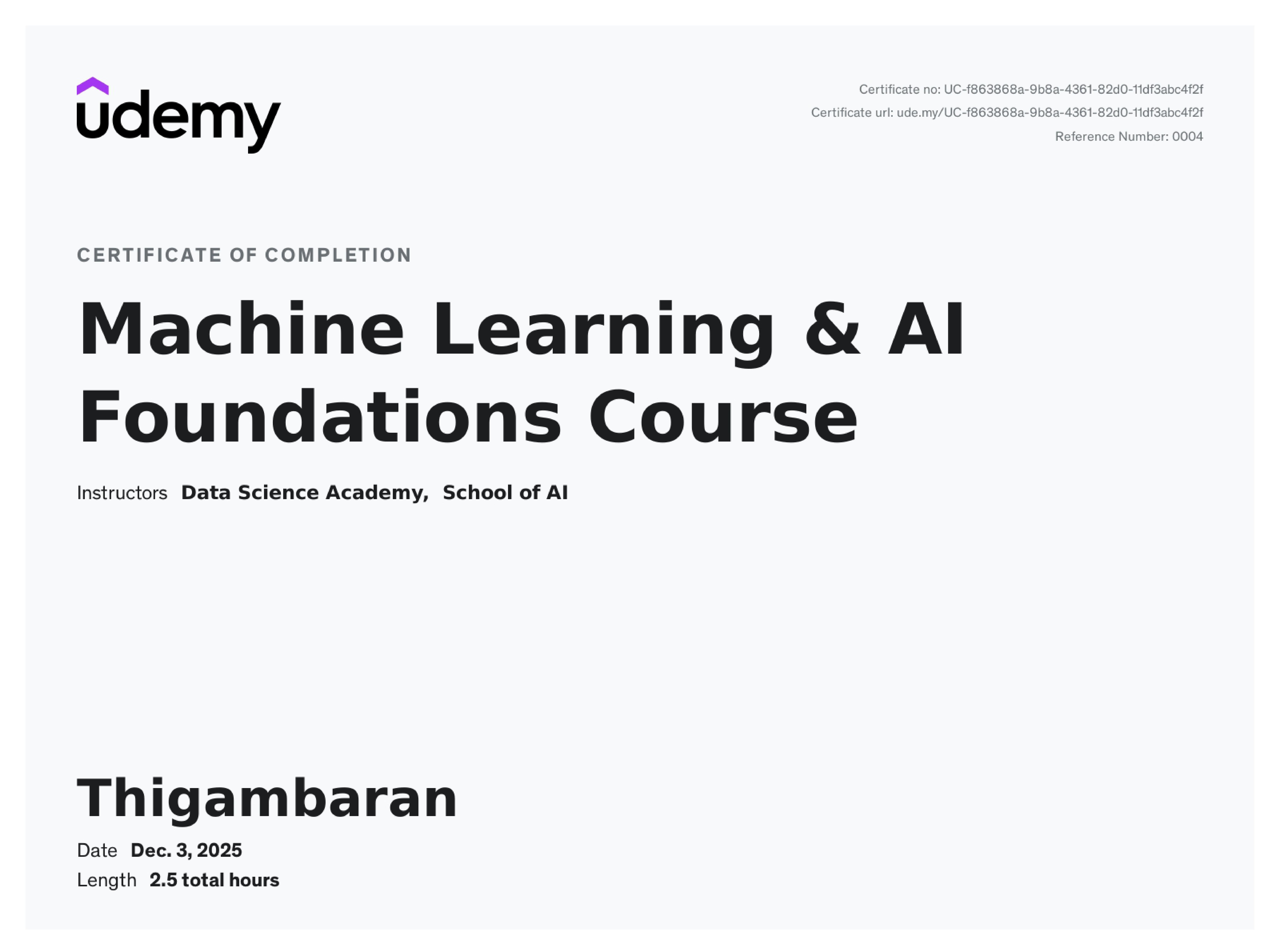 completed machine learning course