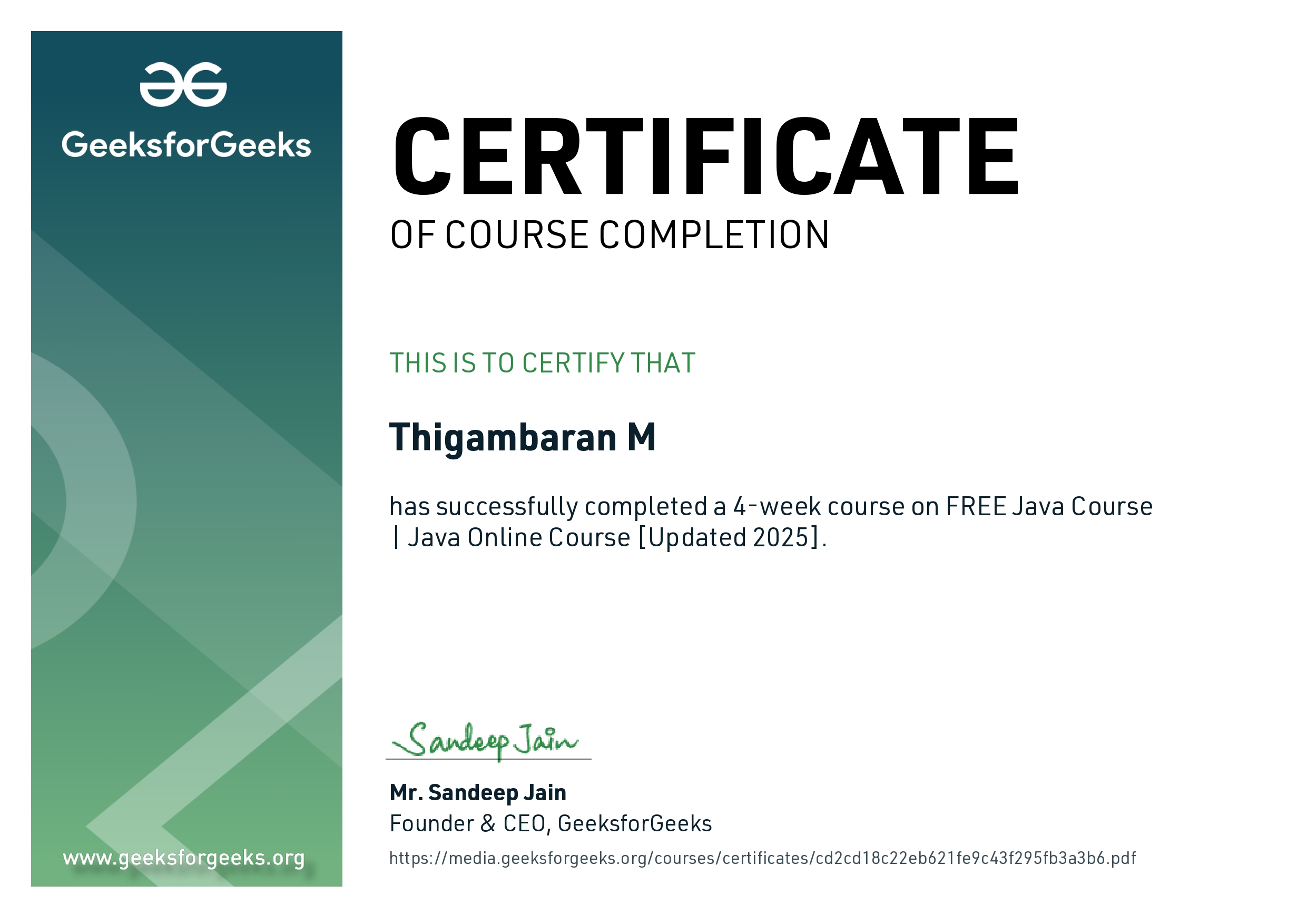 completed java course